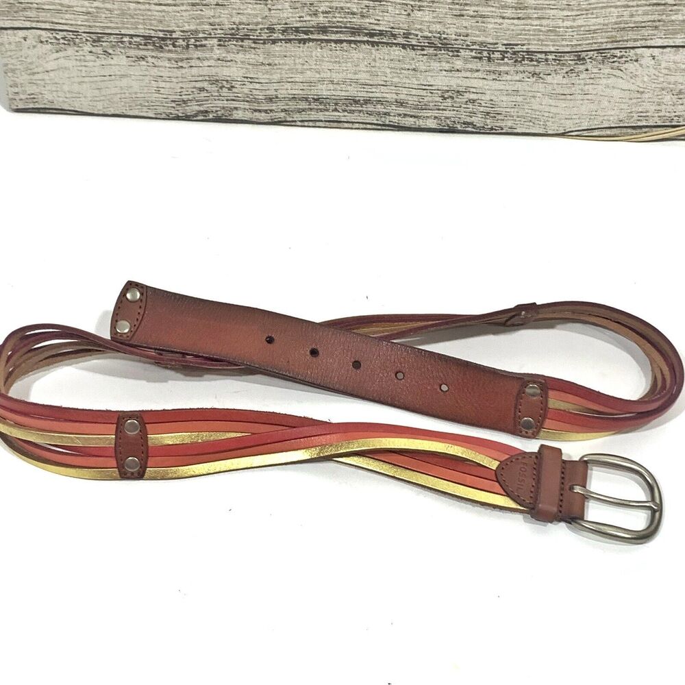 Fossil Leather Multi-Color Braided Belt Size Large Womenโs EUC